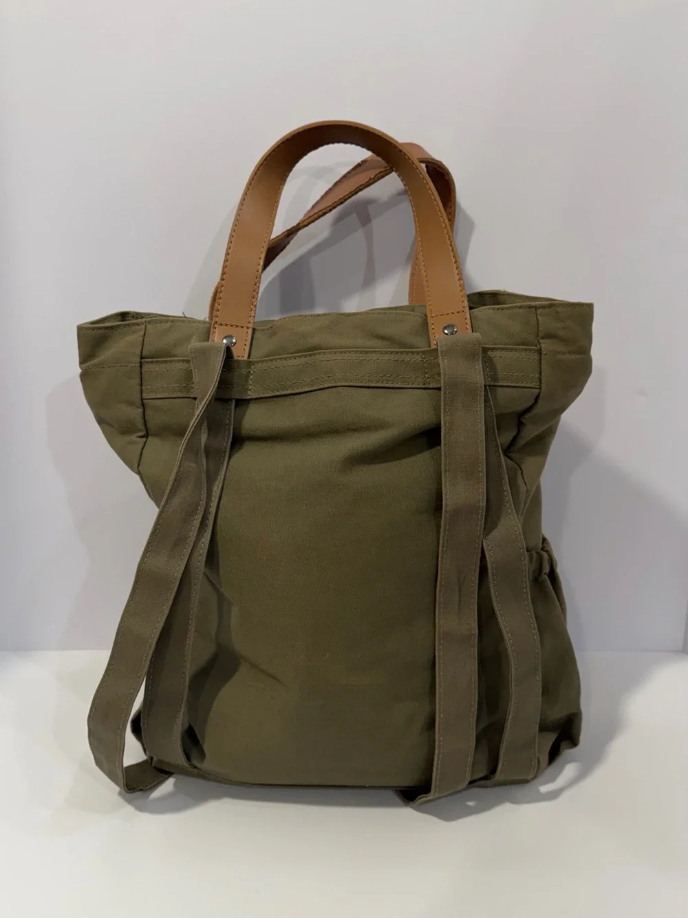 DoTERRA Olive Canvas Tote Bag with Brown Leather Handles